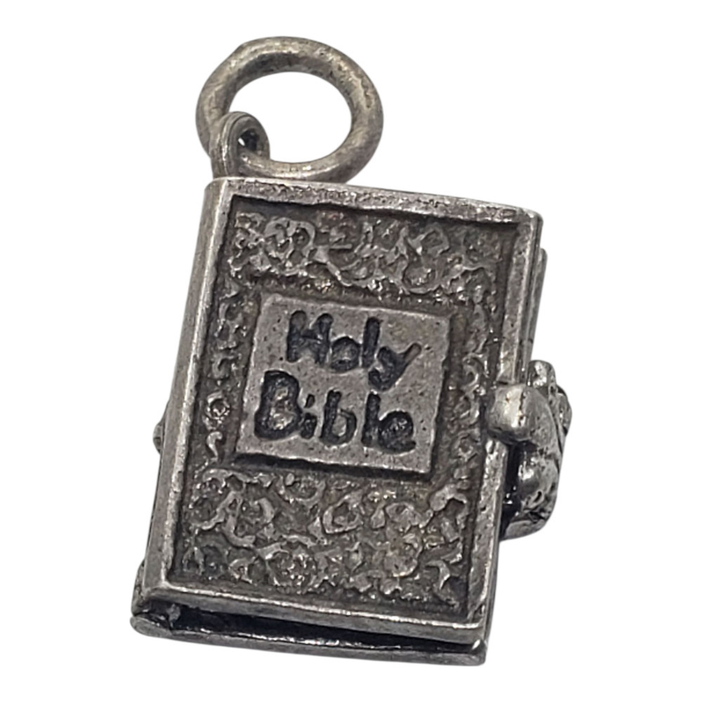 Holy Bible Book Charm Pendant Silver Tone Hinged Locket IHS Christian Religious